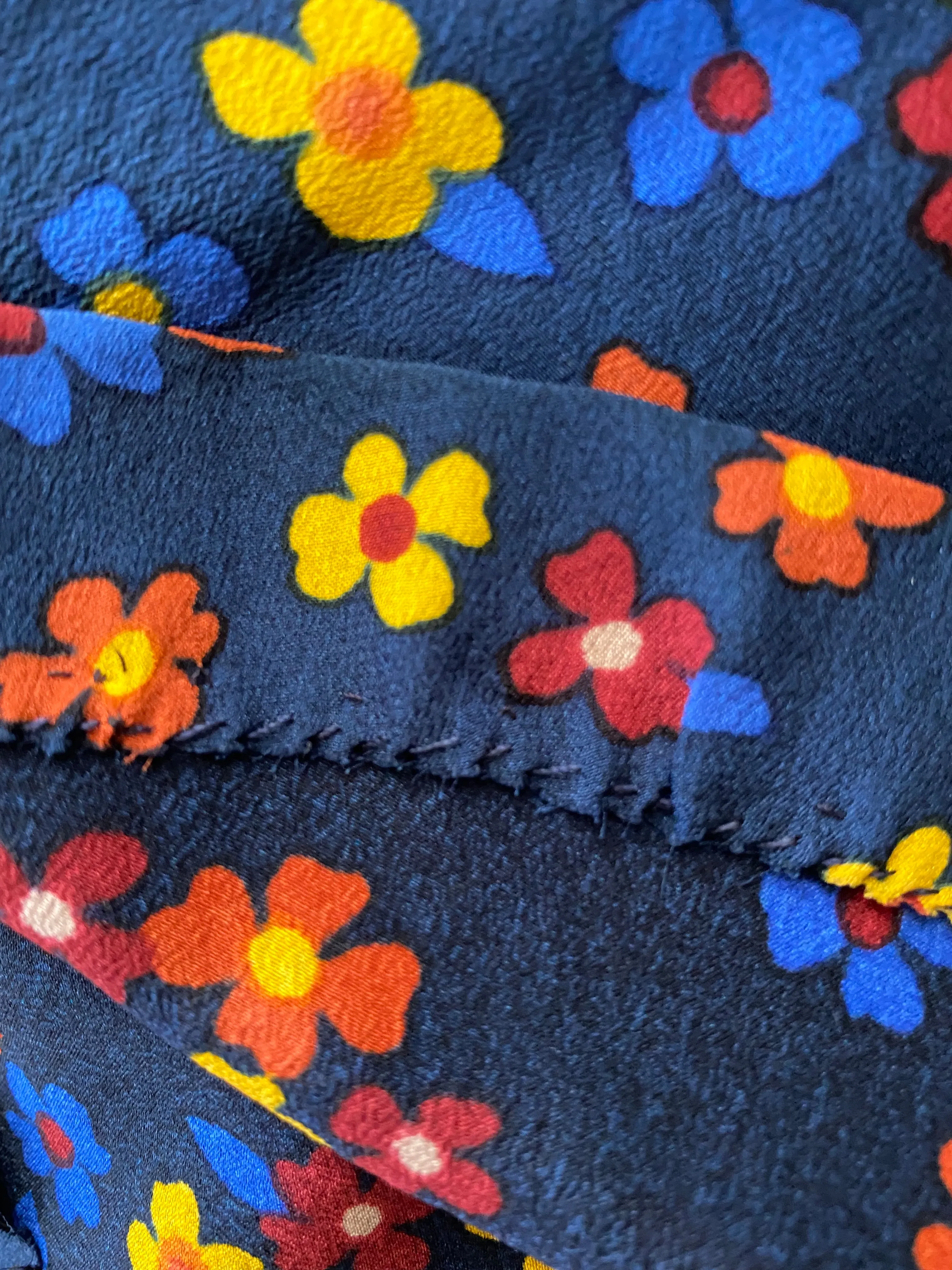 Vintage Ossie Clark Navy Blue Floral Silk Dress