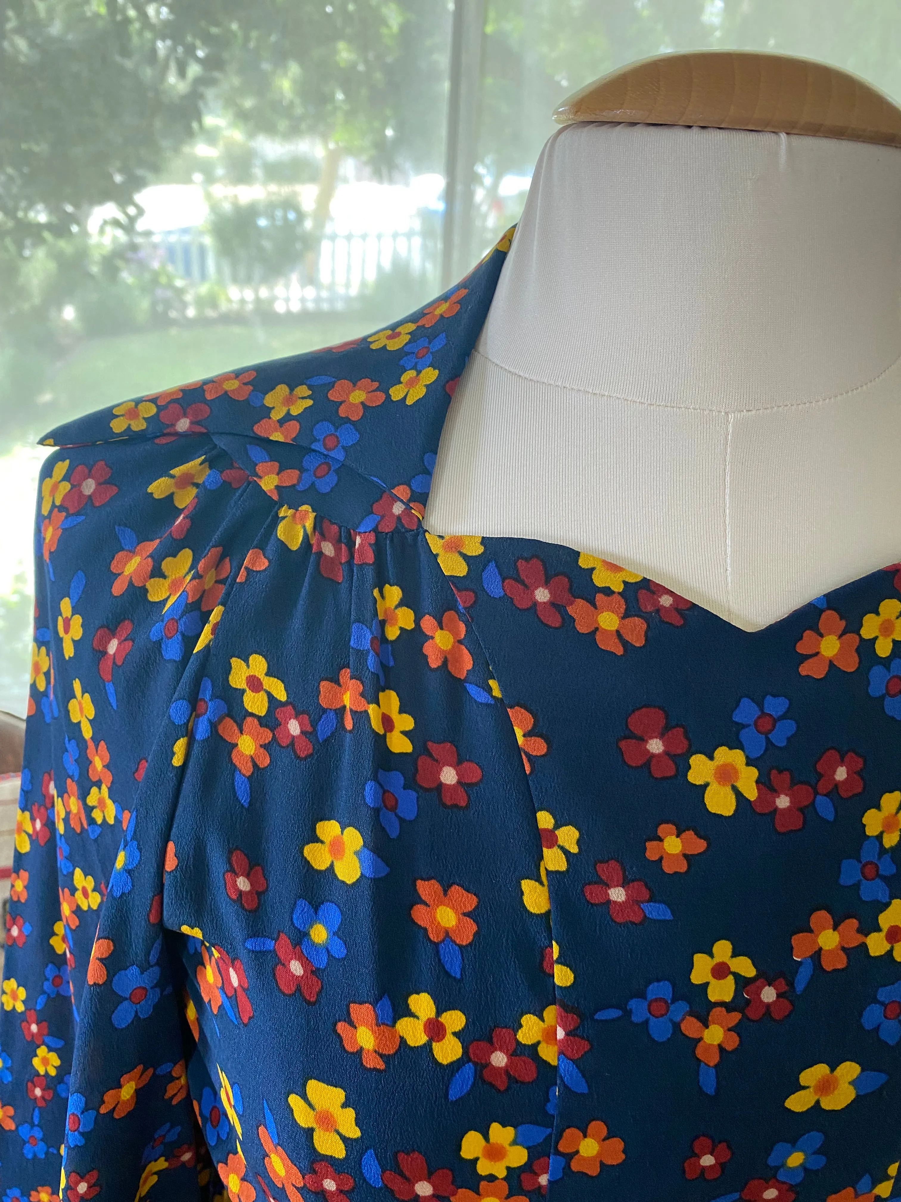 Vintage Ossie Clark Navy Blue Floral Silk Dress