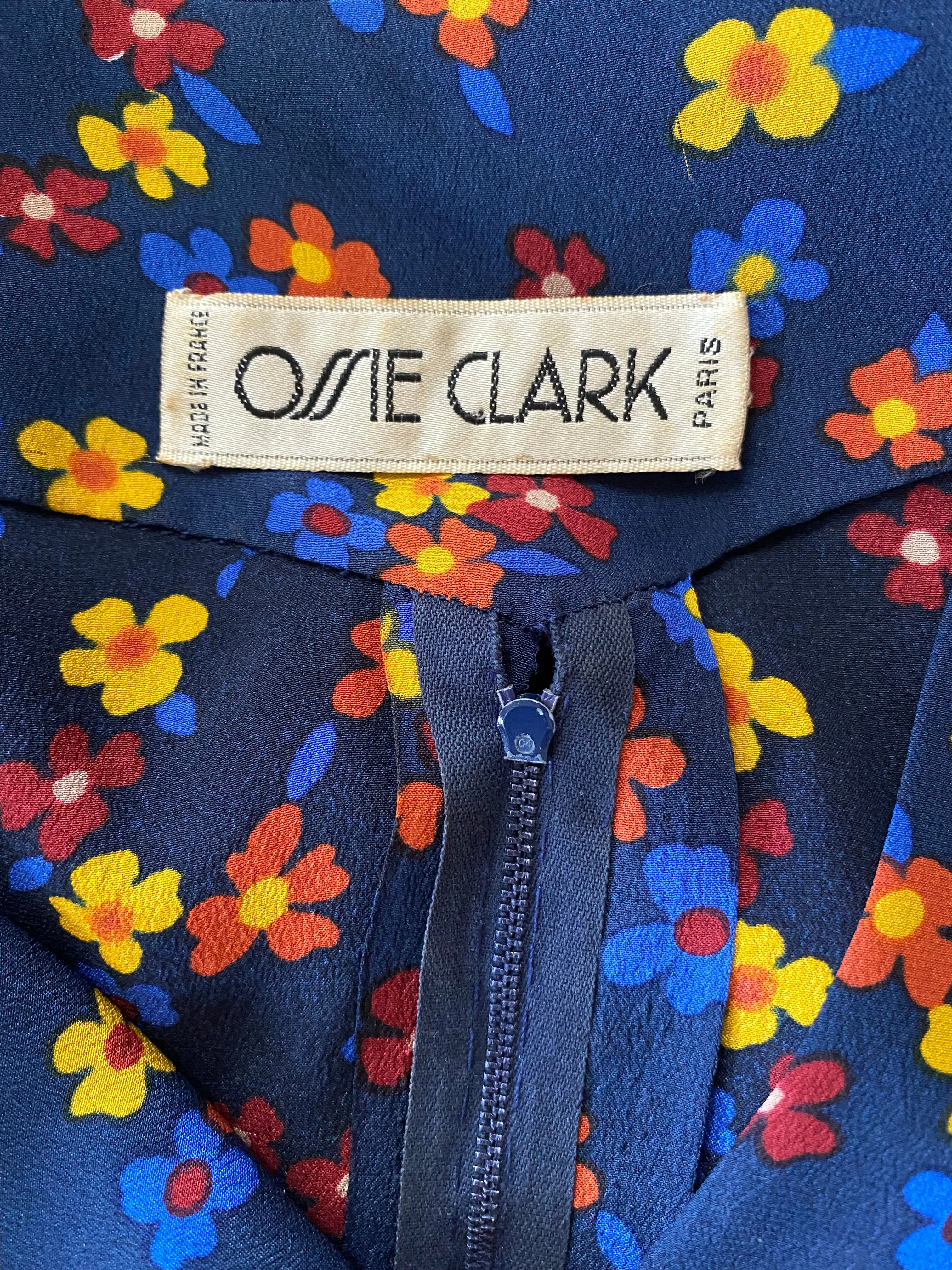 Vintage Ossie Clark Navy Blue Floral Silk Dress
