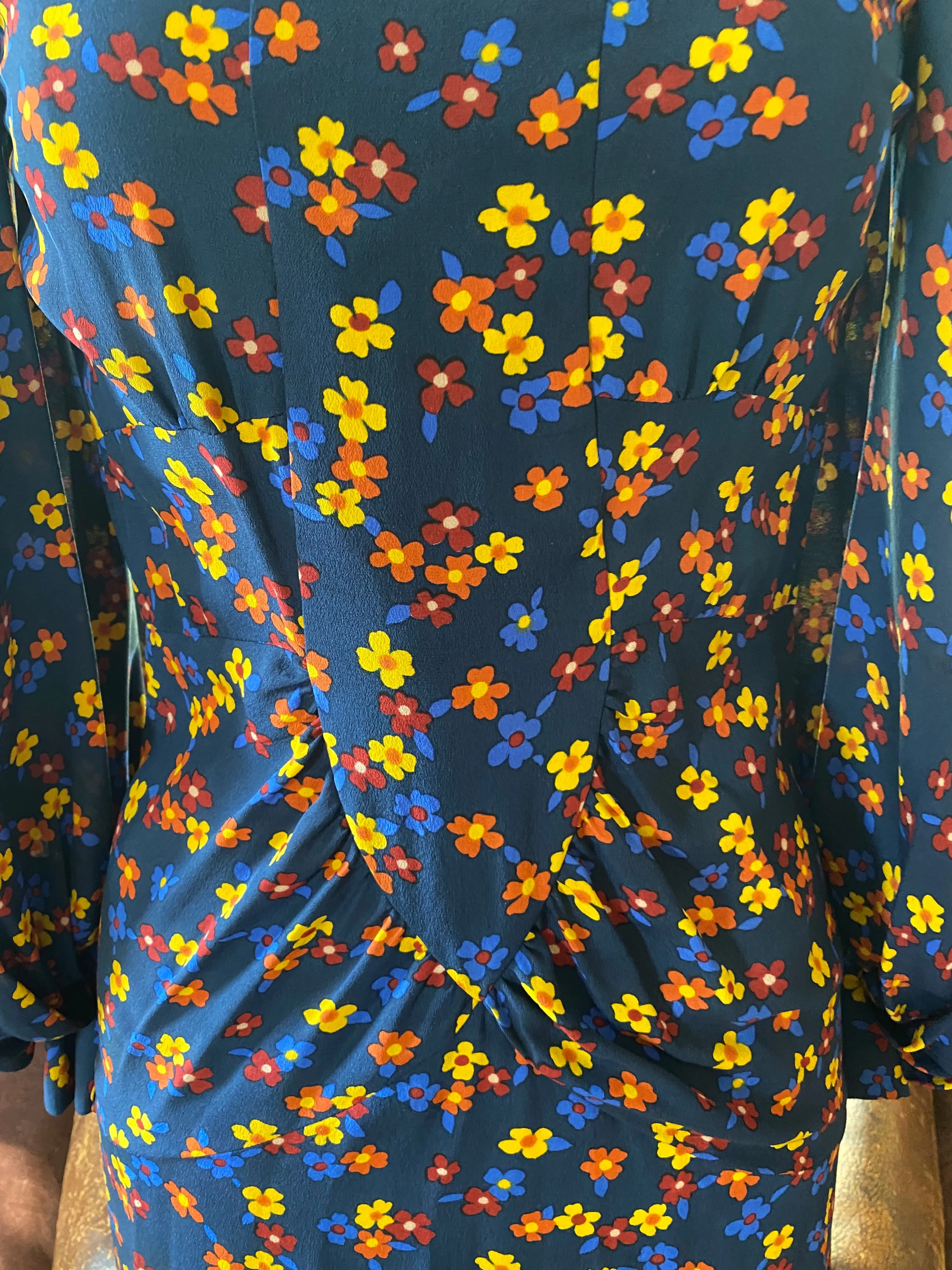 Vintage Ossie Clark Navy Blue Floral Silk Dress