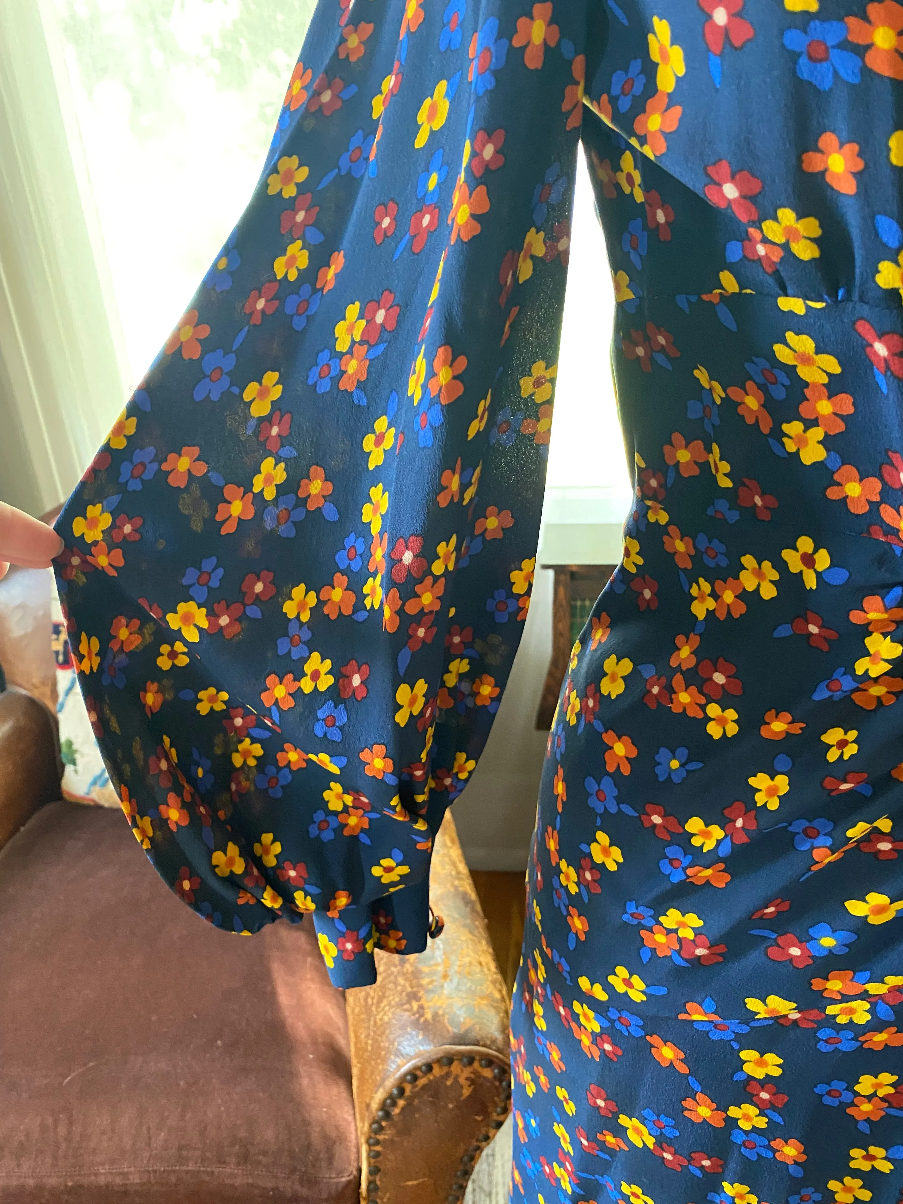 Vintage Ossie Clark Navy Blue Floral Silk Dress