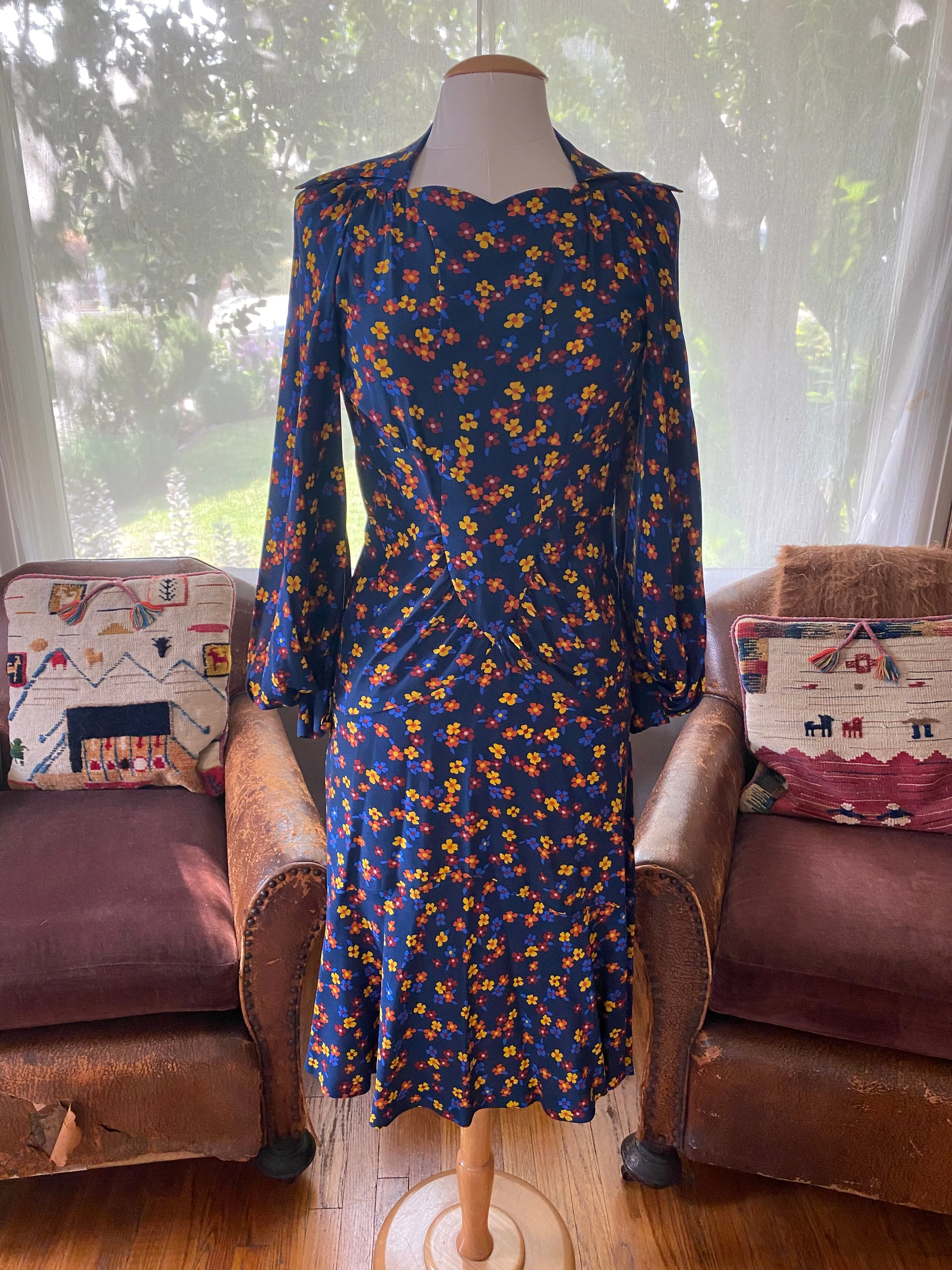 Vintage Ossie Clark Navy Blue Floral Silk Dress