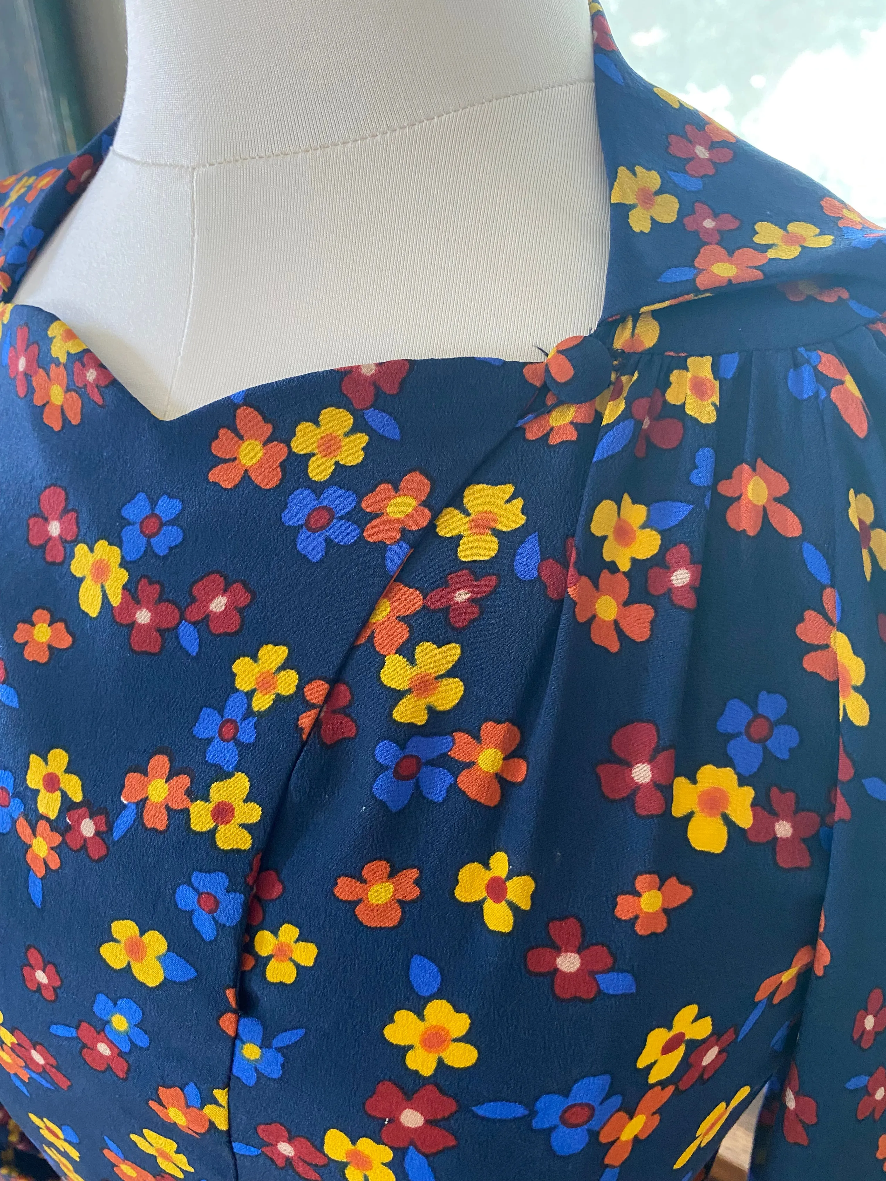 Vintage Ossie Clark Navy Blue Floral Silk Dress