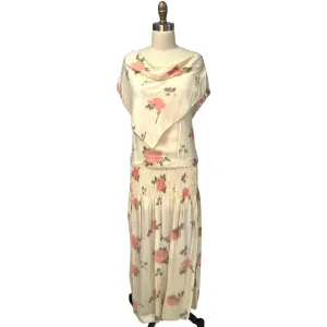Vintage  Printed Silk Watercolor Smocked Waist  Tea Dress 1920s Rare Find  35-33-40