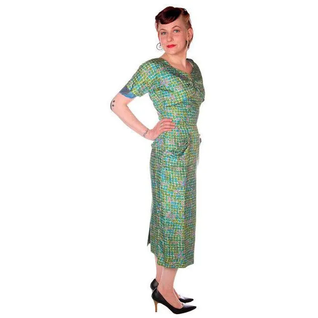 Vintage Silk Sheath Dress 1950s Turquoise Pastels Emile 34-25-37