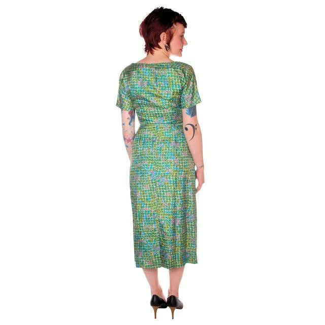 Vintage Silk Sheath Dress 1950s Turquoise Pastels Emile 34-25-37