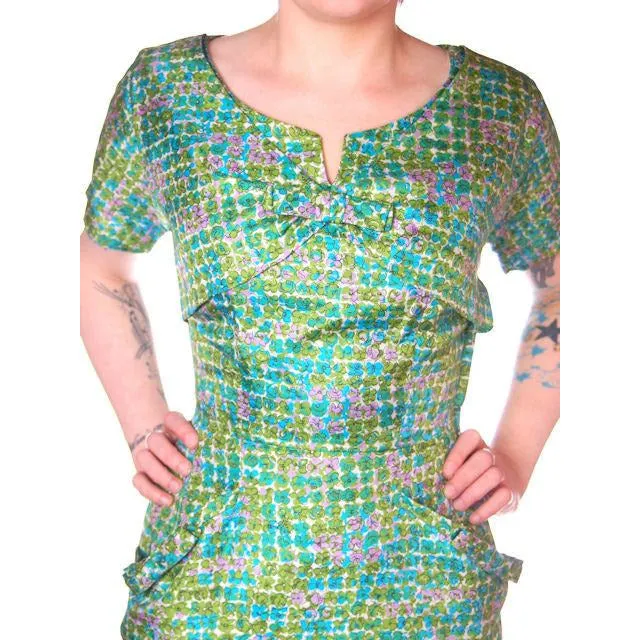Vintage Silk Sheath Dress 1950s Turquoise Pastels Emile 34-25-37