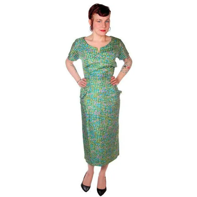 Vintage Silk Sheath Dress 1950s Turquoise Pastels Emile 34-25-37