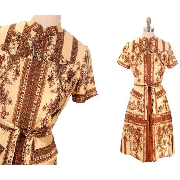 Vintage Silk Shirtwaist  Day Dress "Lita" Signed Block Print 1970s Medium