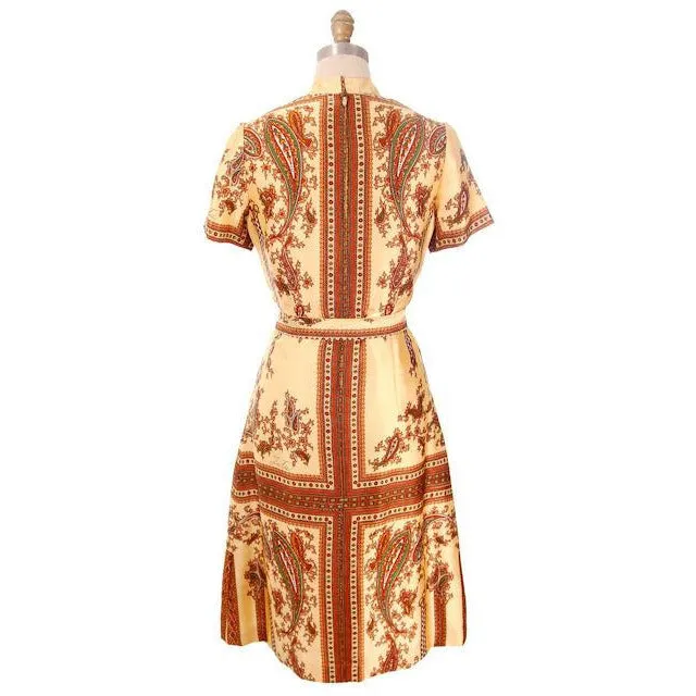 Vintage Silk Shirtwaist  Day Dress "Lita" Signed Block Print 1970s Medium