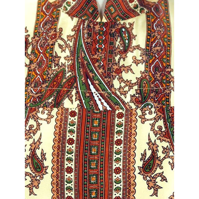Vintage Silk Shirtwaist  Day Dress "Lita" Signed Block Print 1970s Medium
