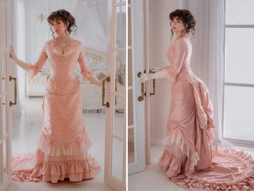 Vintage Victorian tusser silk pink lacy costume