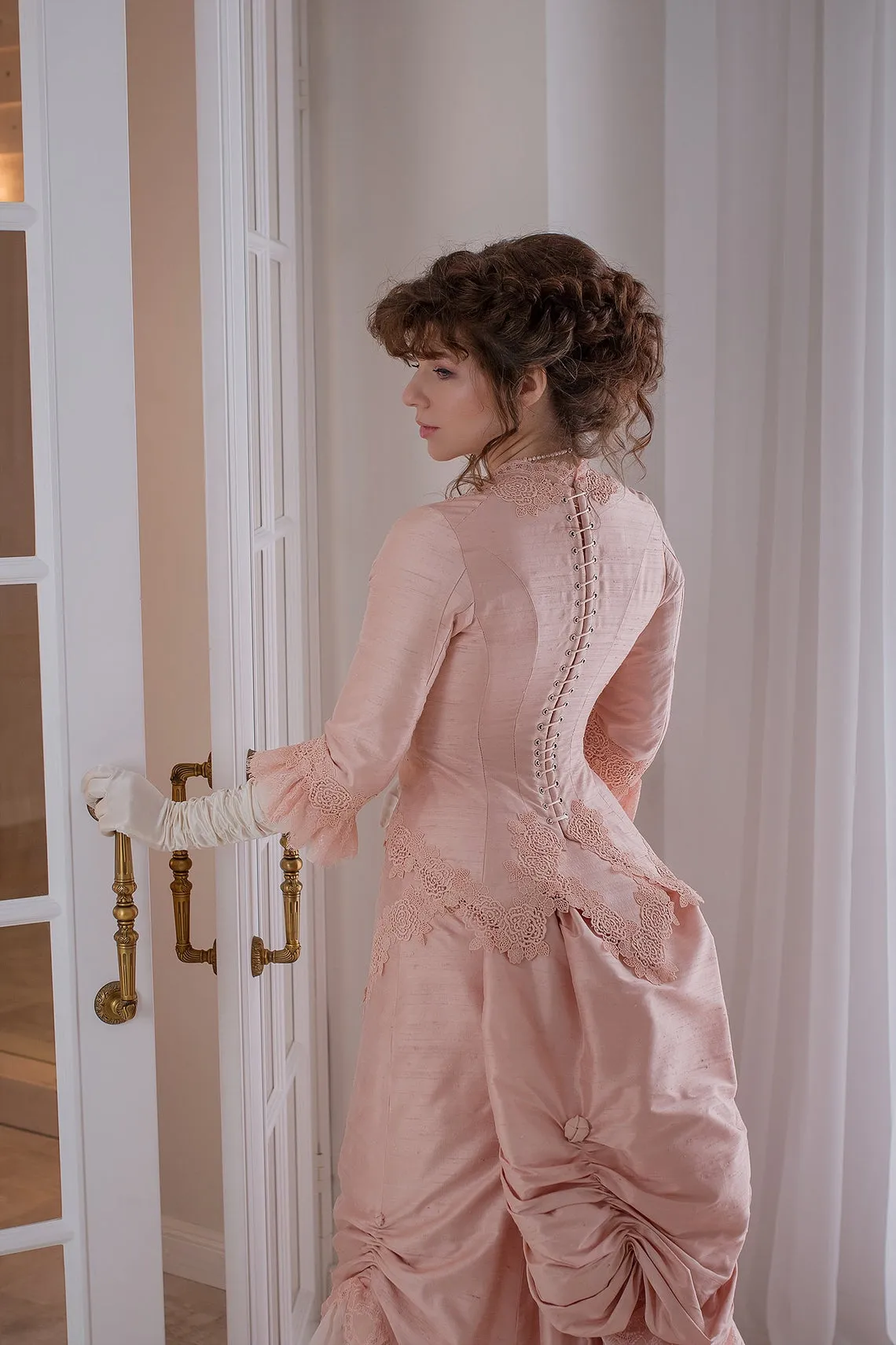 Vintage Victorian tusser silk pink lacy costume