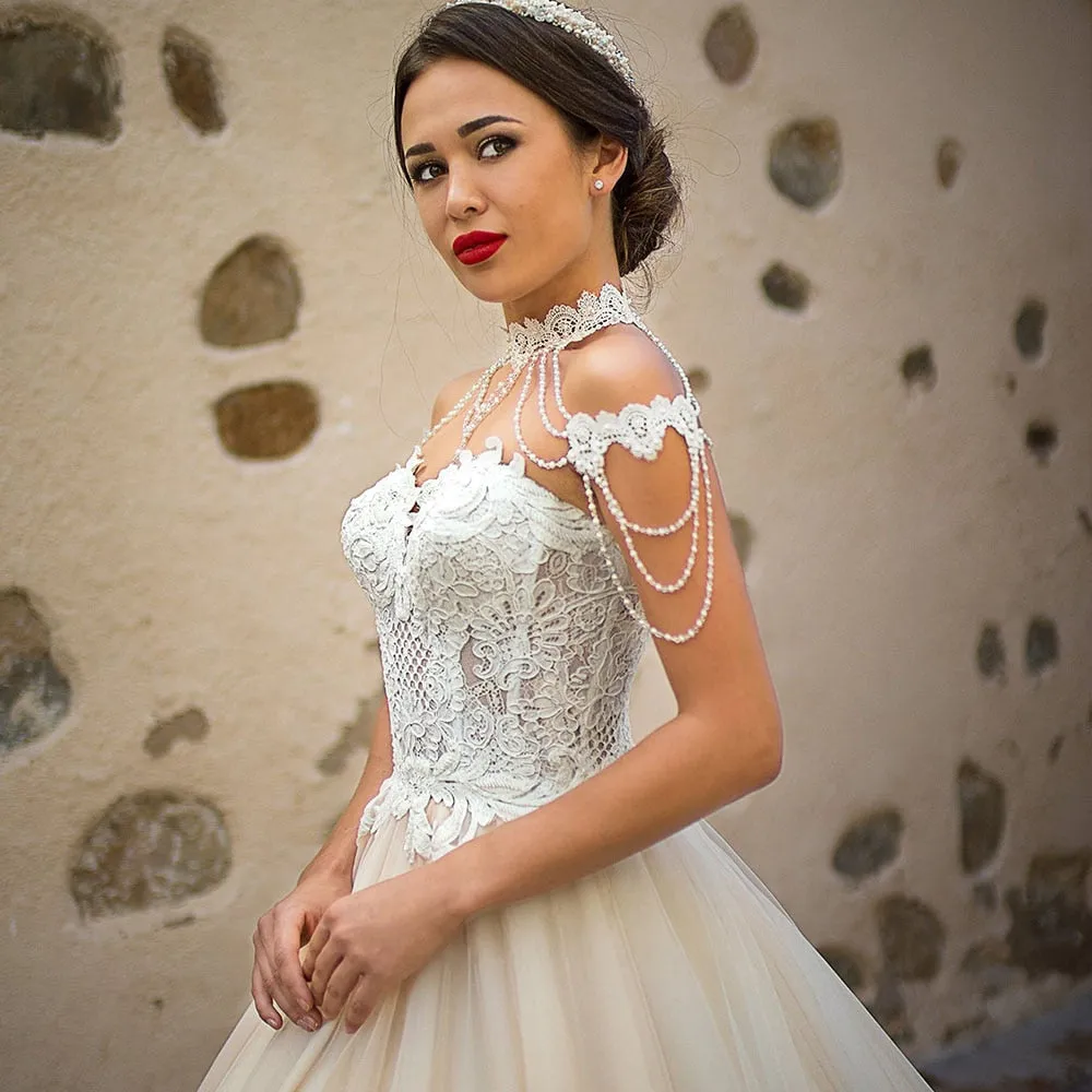 Wedding Dresses With Removable Pearls Neck Shoulder Decorated