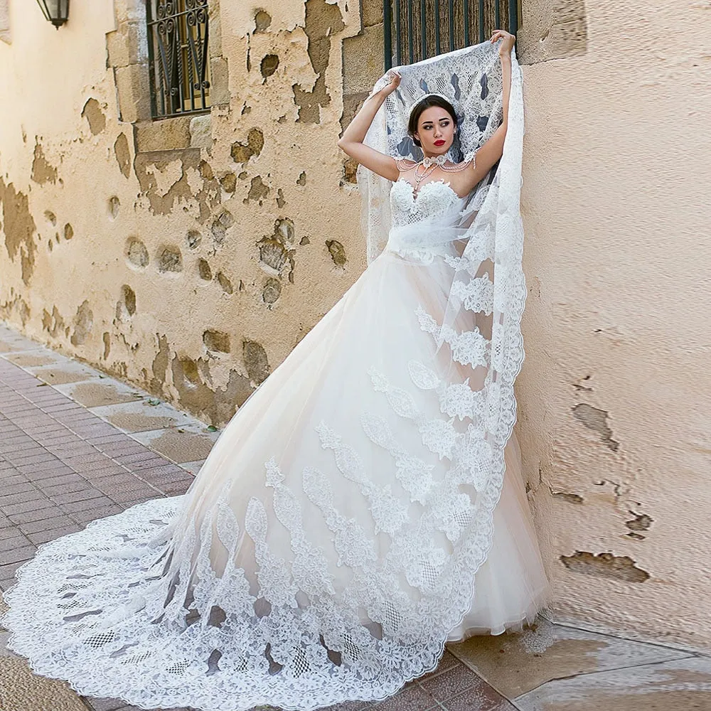 Wedding Dresses With Removable Pearls Neck Shoulder Decorated