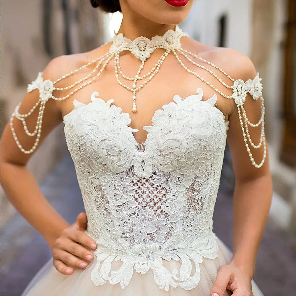 Wedding Dresses With Removable Pearls Neck Shoulder Decorated