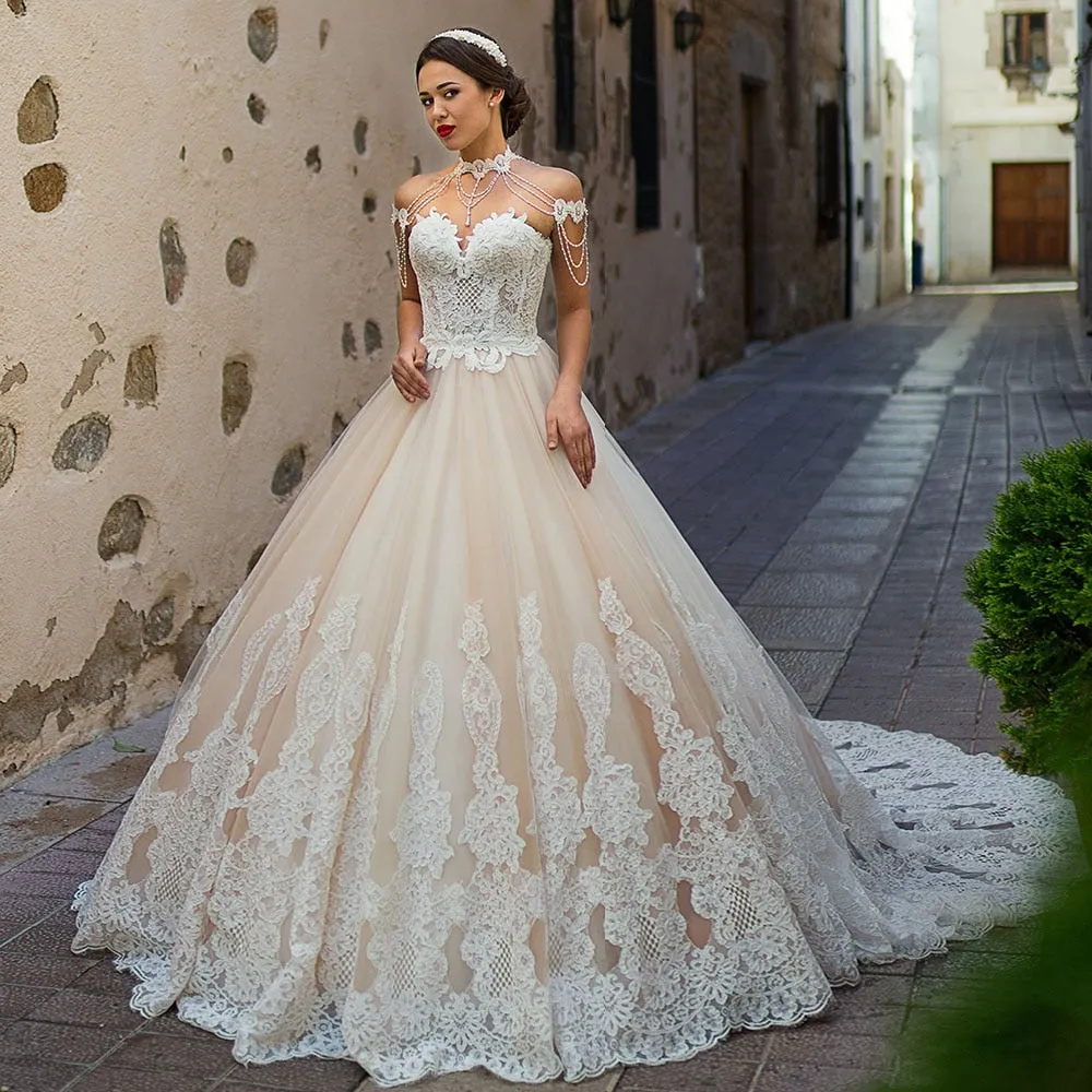 Wedding Dresses With Removable Pearls Neck Shoulder Decorated
