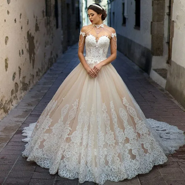 Wedding Dresses With Removable Pearls Neck Shoulder Decorated