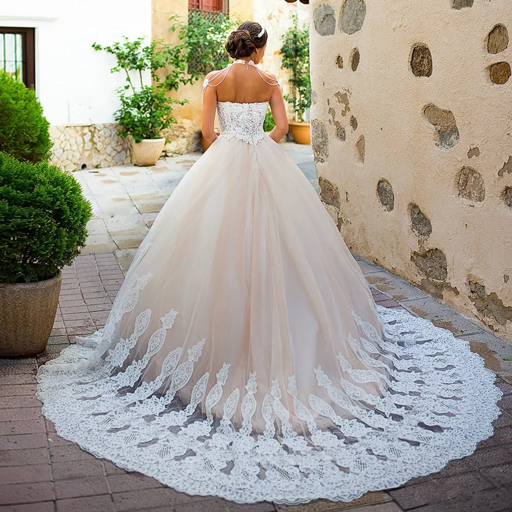 Wedding Dresses With Removable Pearls Neck Shoulder Decorated