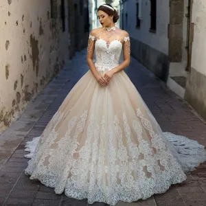 Wedding Dresses With Removable Pearls Neck Shoulder Decorated