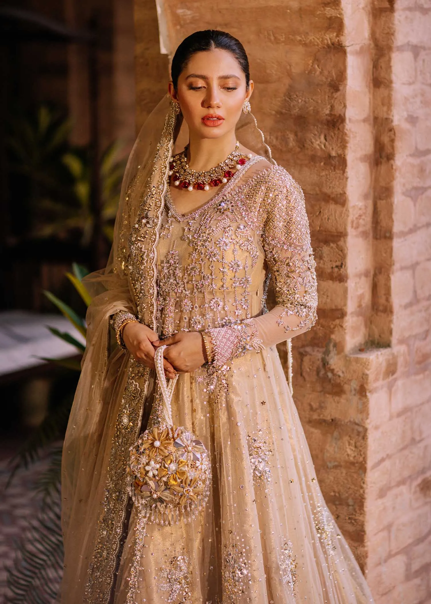 Wedding Pishwas Lehenga Golden Pakistani Bridal Dress
