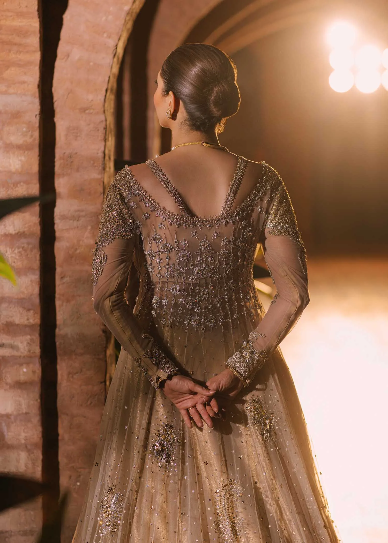 Wedding Pishwas Lehenga Golden Pakistani Bridal Dress