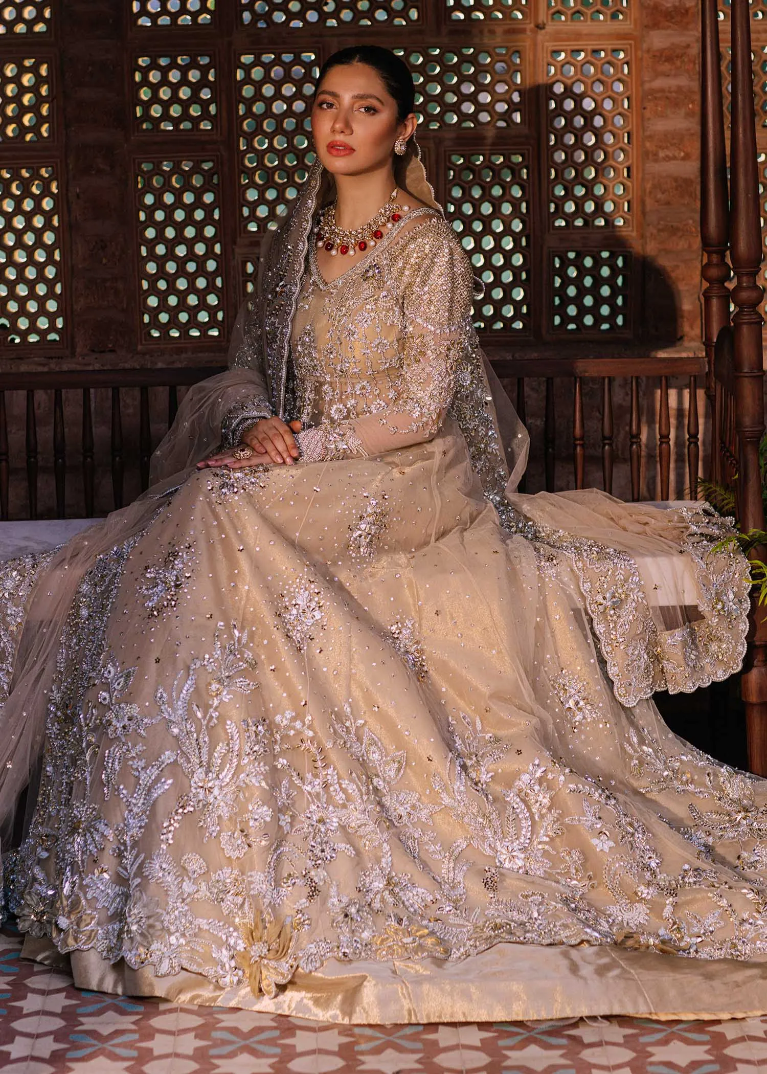 Wedding Pishwas Lehenga Golden Pakistani Bridal Dress