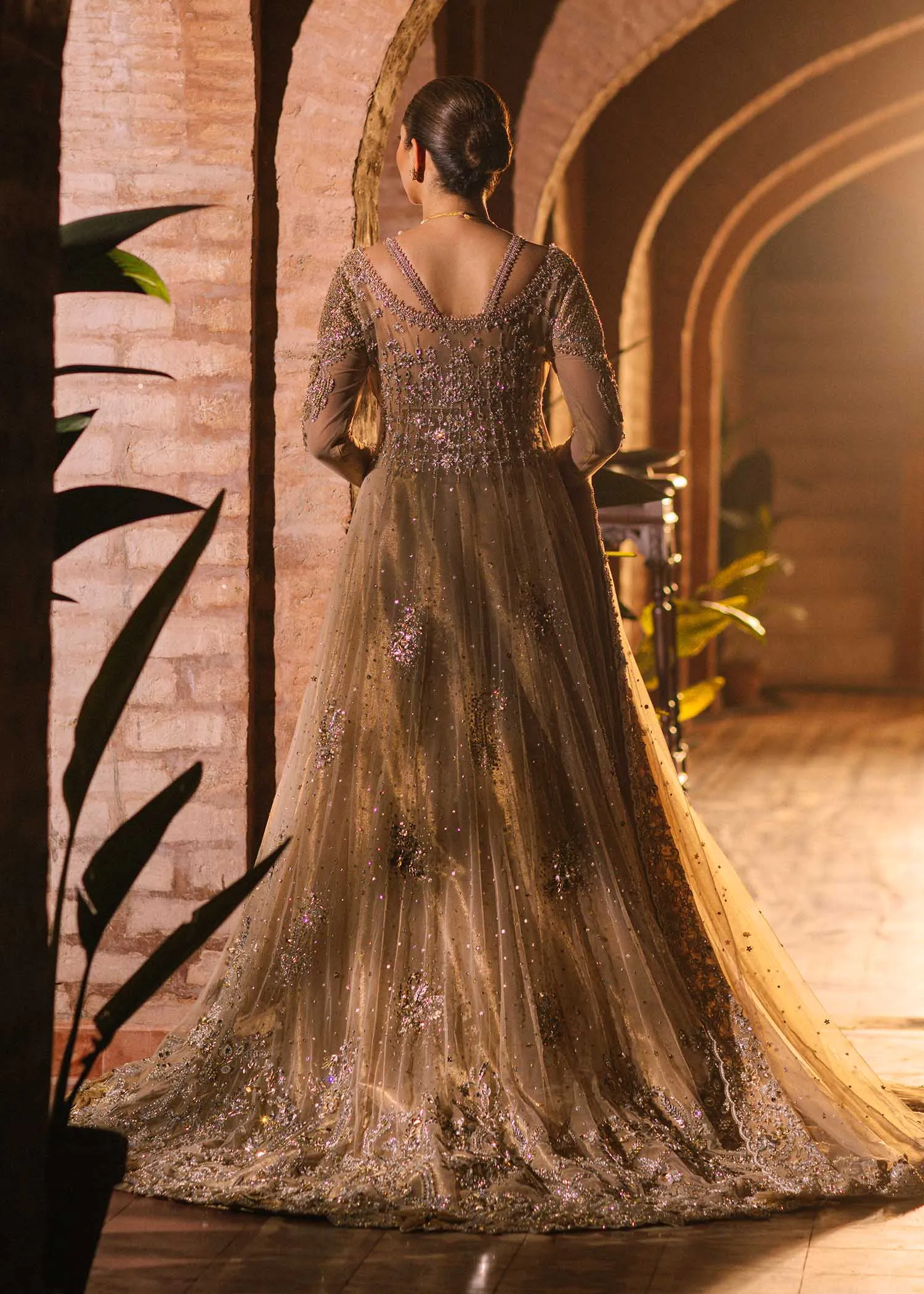 Wedding Pishwas Lehenga Golden Pakistani Bridal Dress
