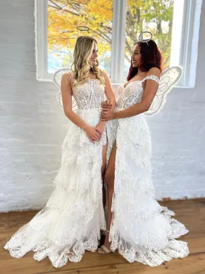 White A-Line Tulle Lace Long Prom Dress, White Long Evening Dress
