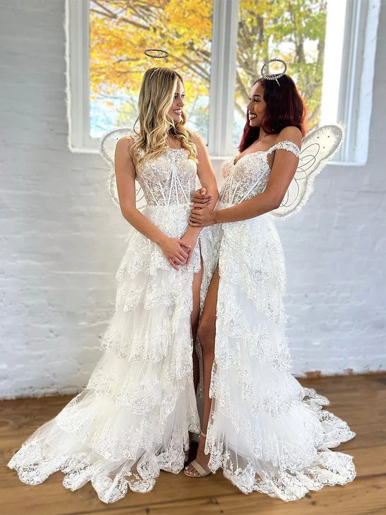 White A-Line Tulle Lace Long Prom Dress, White Long Evening Dress