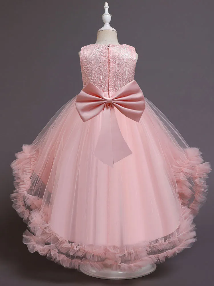 White Jewel Neck Polyester Sleeveless With Train A-Line Embroidered Kids Social Party Dresses