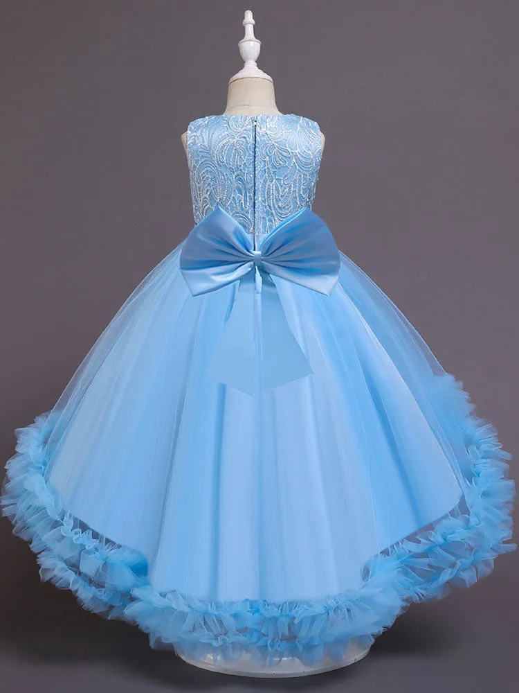 White Jewel Neck Polyester Sleeveless With Train A-Line Embroidered Kids Social Party Dresses