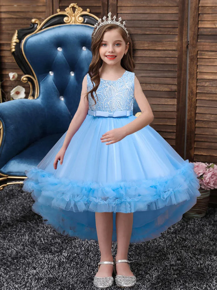 White Jewel Neck Polyester Sleeveless With Train A-Line Embroidered Kids Social Party Dresses