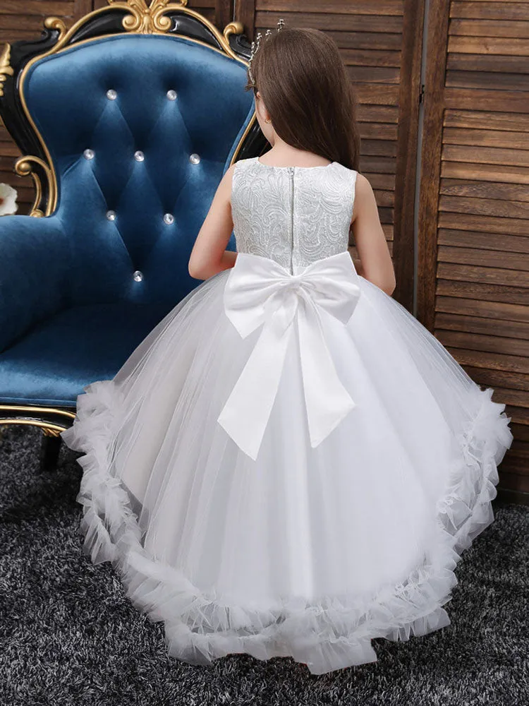 White Jewel Neck Polyester Sleeveless With Train A-Line Embroidered Kids Social Party Dresses