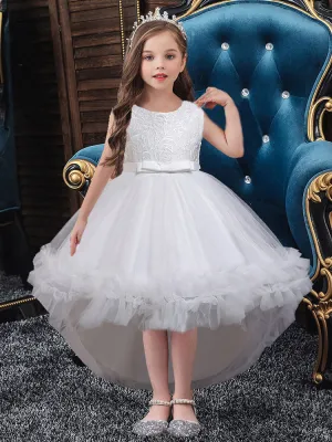 White Jewel Neck Polyester Sleeveless With Train A-Line Embroidered Kids Social Party Dresses