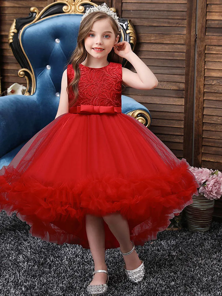 White Jewel Neck Polyester Sleeveless With Train A-Line Embroidered Kids Social Party Dresses
