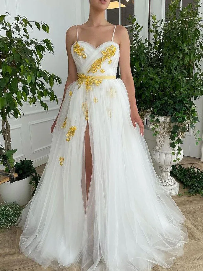 White sweetheart neck tulle lace long prom dress, white evening dress
