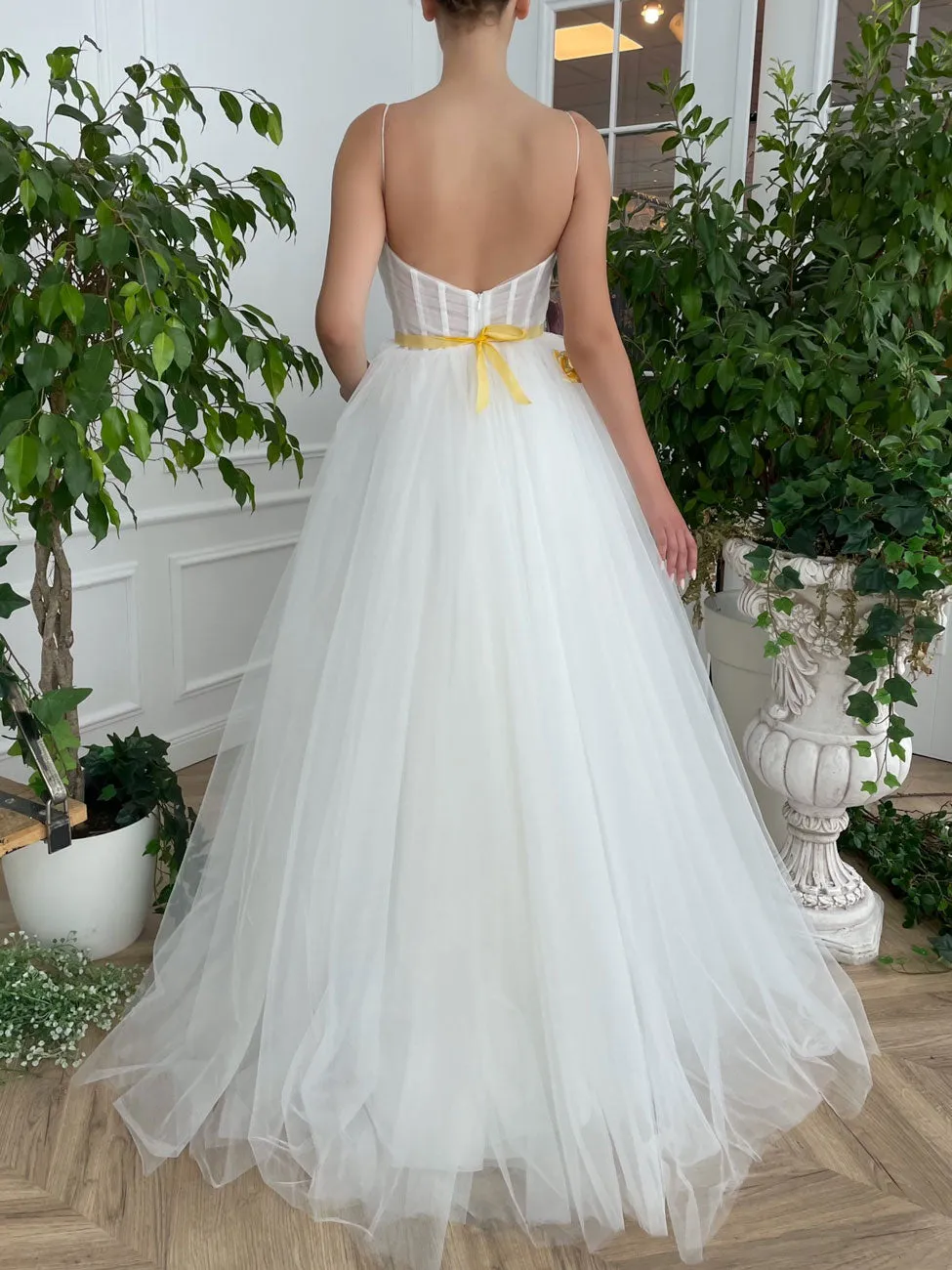 White sweetheart neck tulle lace long prom dress, white evening dress