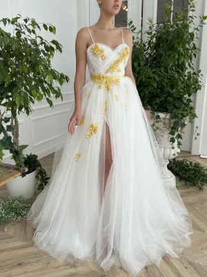 White sweetheart neck tulle lace long prom dress, white evening dress