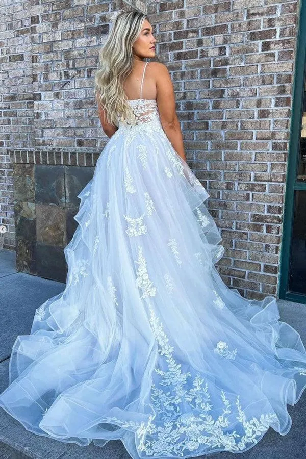 White Tulle A-line Spaghetti Straps Prom Dresses With Lace Appliques, SP973