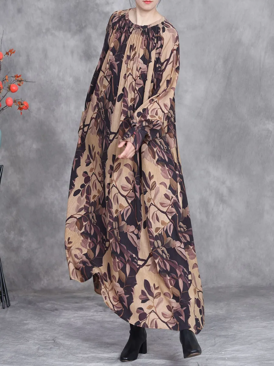 Women Spring Artsy Flower O-Neck Loose Dress