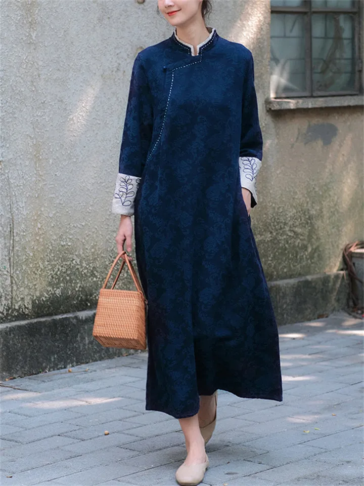 Women's Ramie Cotton Beaded Button Jacquard Dress