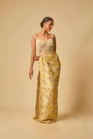 Yellow Brocade Embroidered Corset Drape Gown