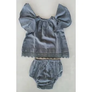Yo Baby Grey Solid Color Sleeve & Neck Gathered Dress & Bloomer Set