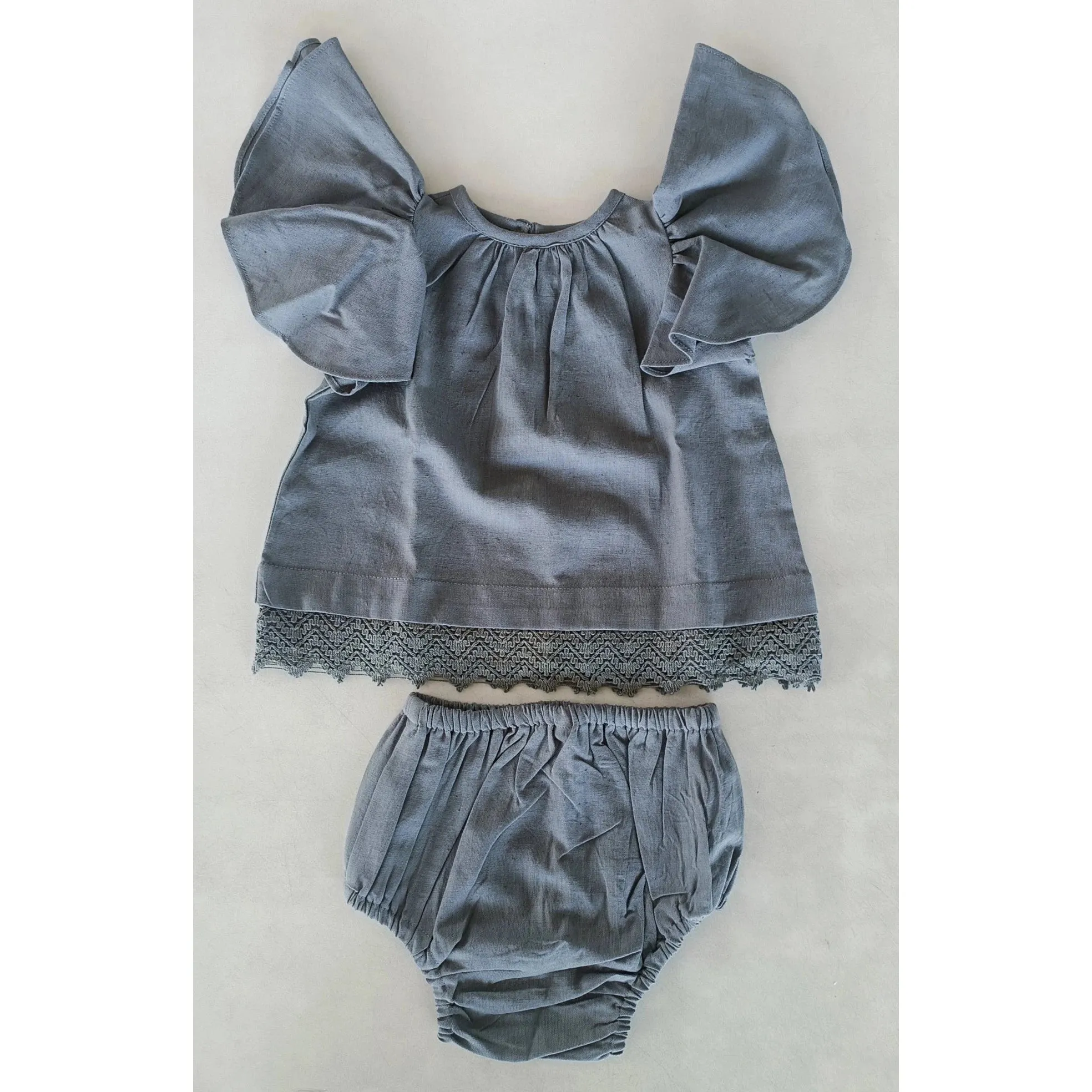 Yo Baby Grey Solid Color Sleeve & Neck Gathered Dress & Bloomer Set