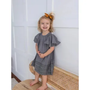 Yo Baby Grey Solid Color Sleeve & Neck Gathered Toddler Dress