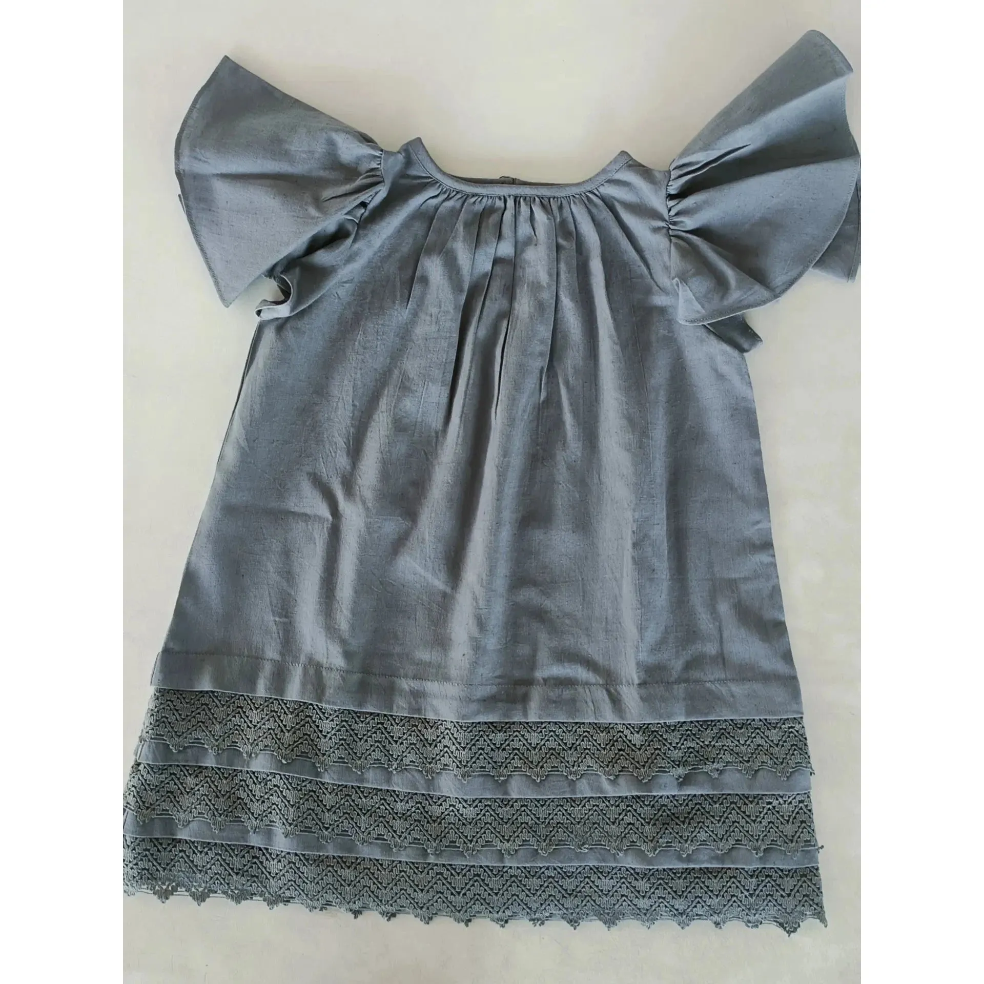 Yo Baby Grey Solid Color Sleeve & Neck Gathered Toddler Dress