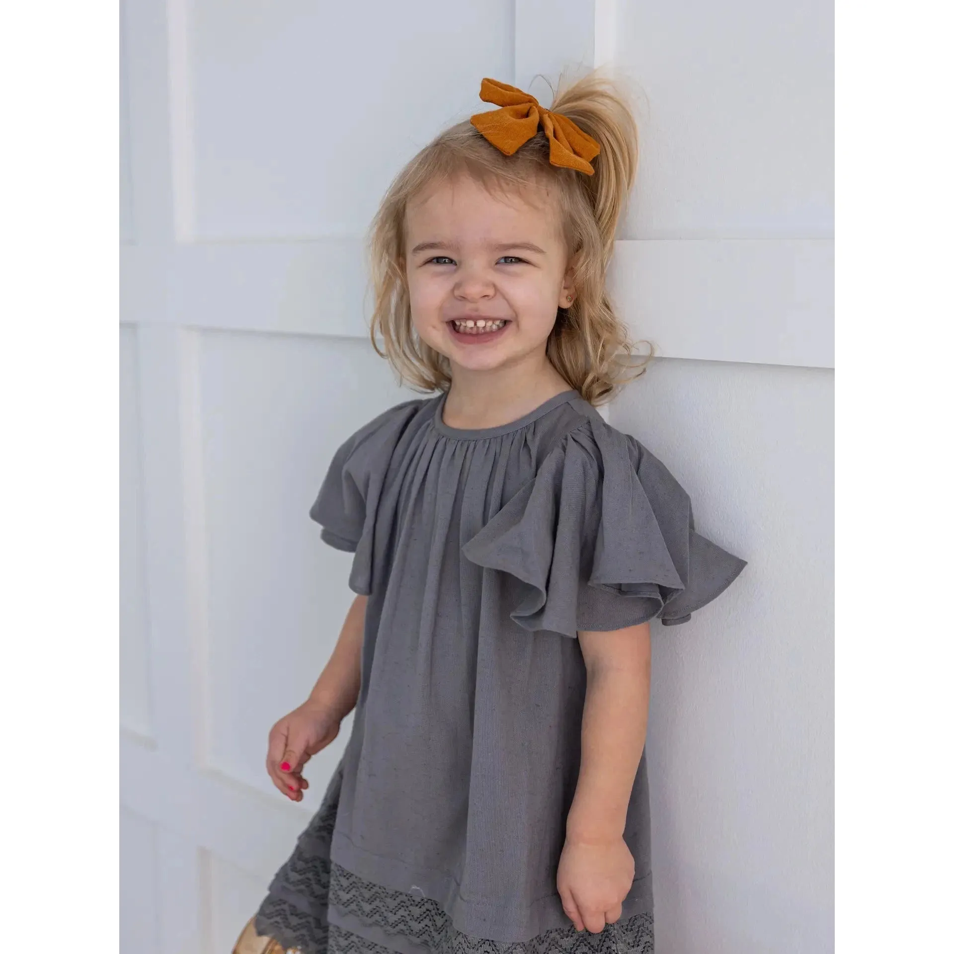 Yo Baby Grey Solid Color Sleeve & Neck Gathered Toddler Dress