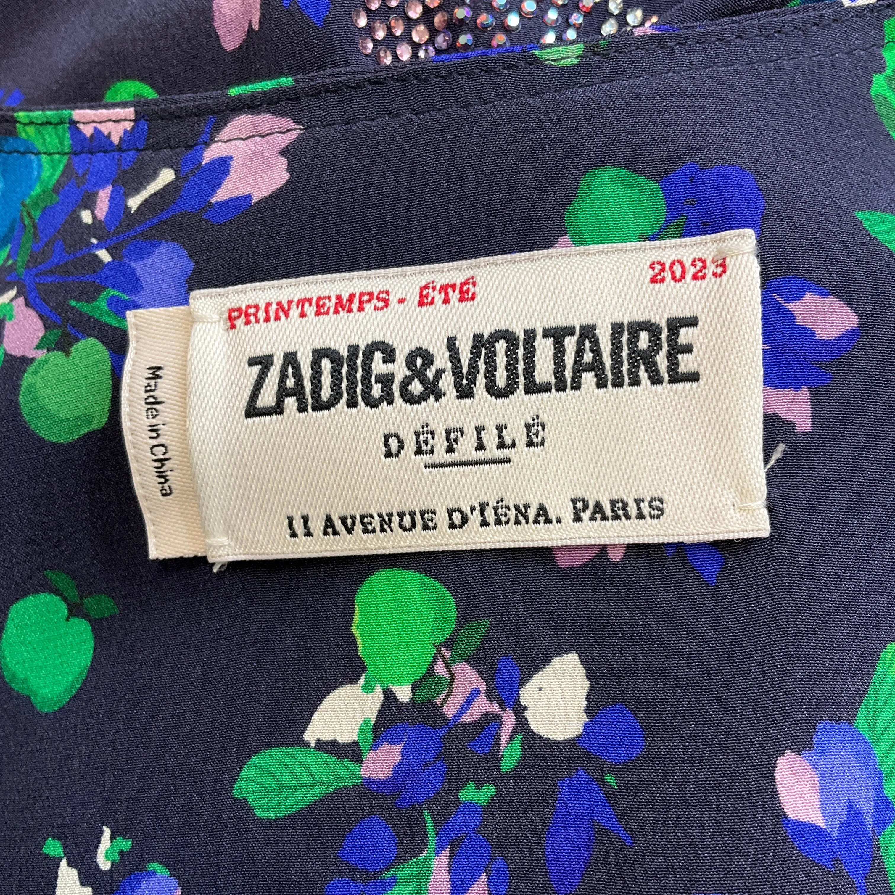 Zadig & Voltaire Navy Blue Multi Renew Bianca Flower Strass Silk Midi Dress