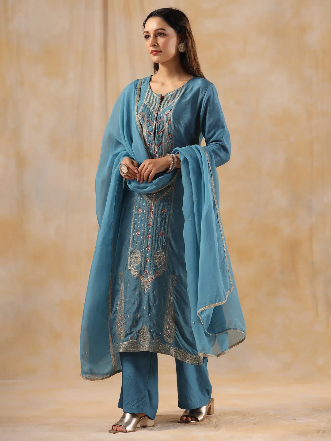 Zardozi Embroidered Silk Teal Blue Straight Kurta With Palazzo And Dupatta